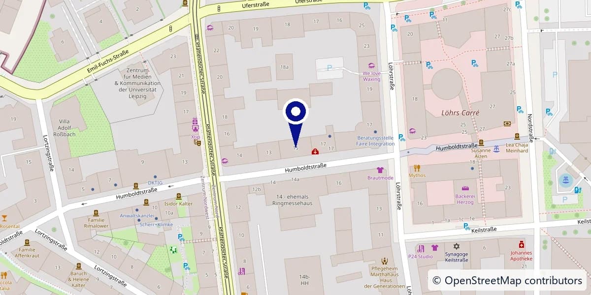 Karte des Leipziger Stadtteils Zentrum-Nord mit dem BLAID-Büro in der Humboldtstraße 15